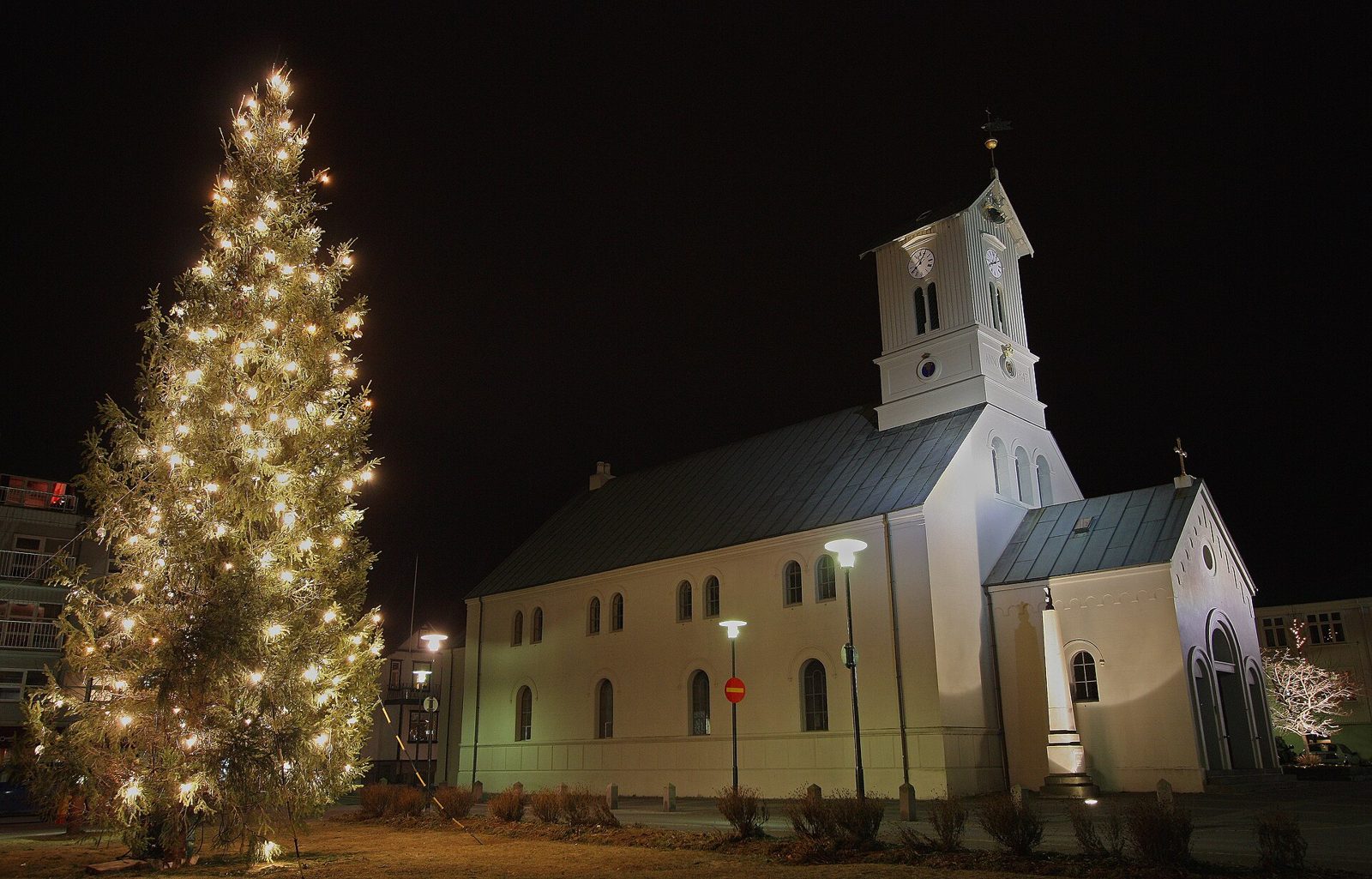 The Oslo Christmas tree lit beside Dómkirkjan cathedral at Austurvöllur square in central Reykjavík